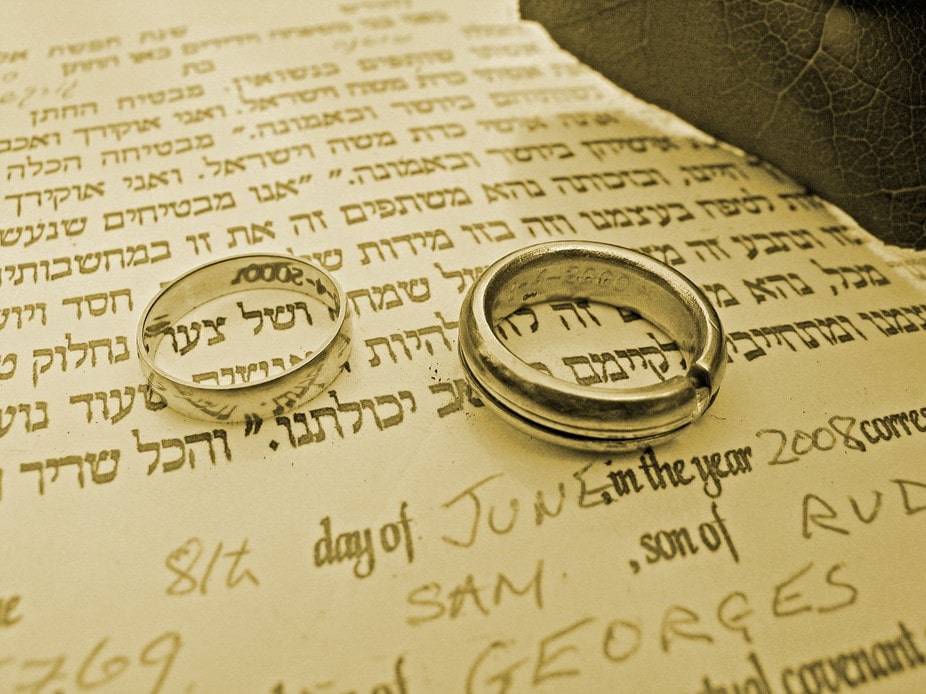 Wedding rings on ketubah contract